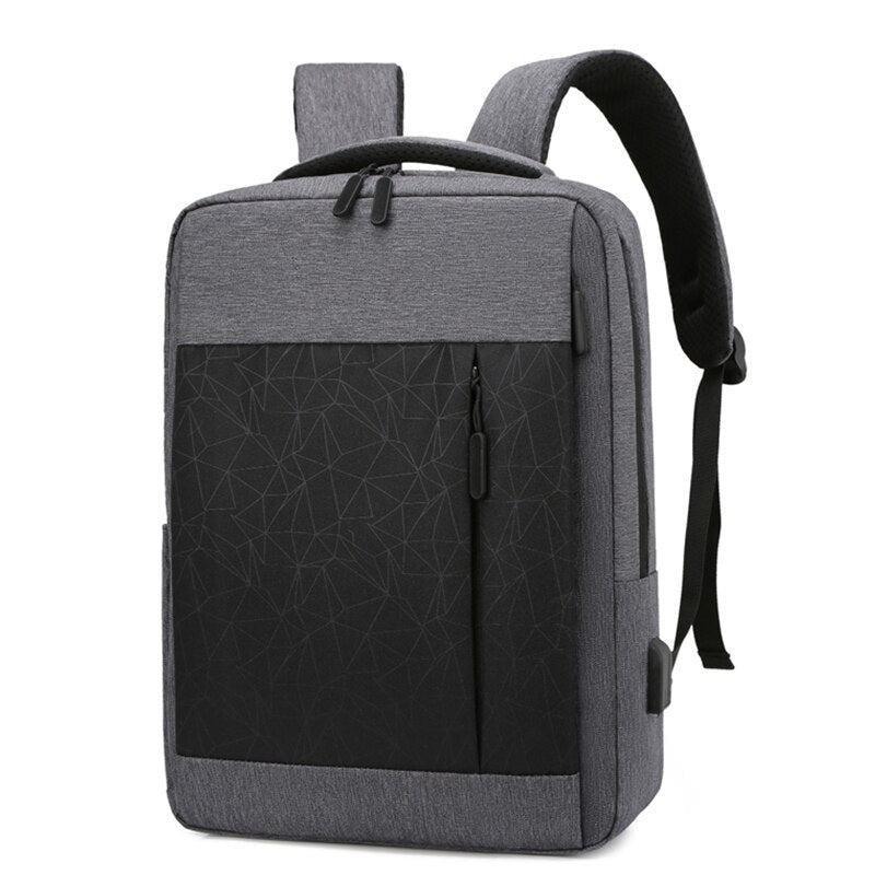 Men's multifunctional backpack with USB charging port, waterproof design, and multiple pockets for organization.