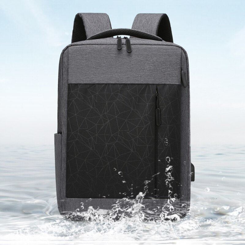 Men's multifunctional backpack with USB charging port, waterproof design, and multiple pockets for organization.