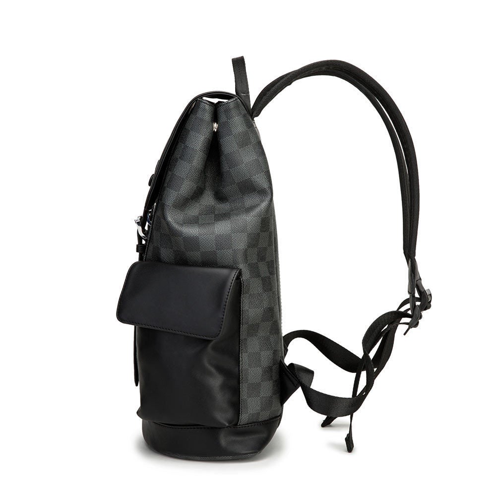 Men's black leather travel backpack with spacious compartments and adjustable straps, perfect for stylish travel.