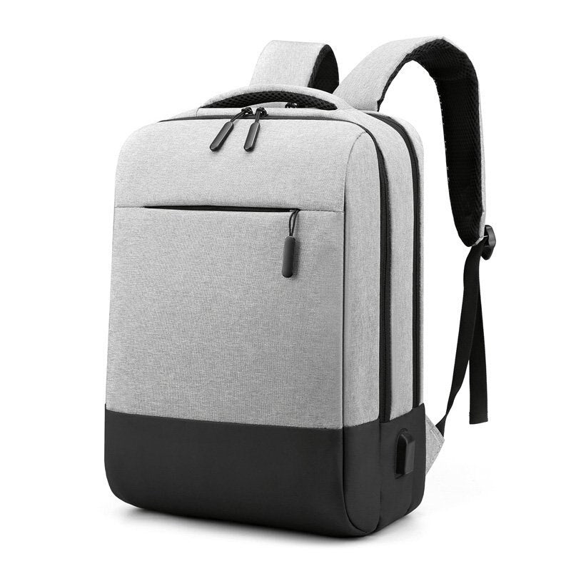 Men's Business Backpack in black nylon with USB charging port, featuring multiple compartments and a stylish design.