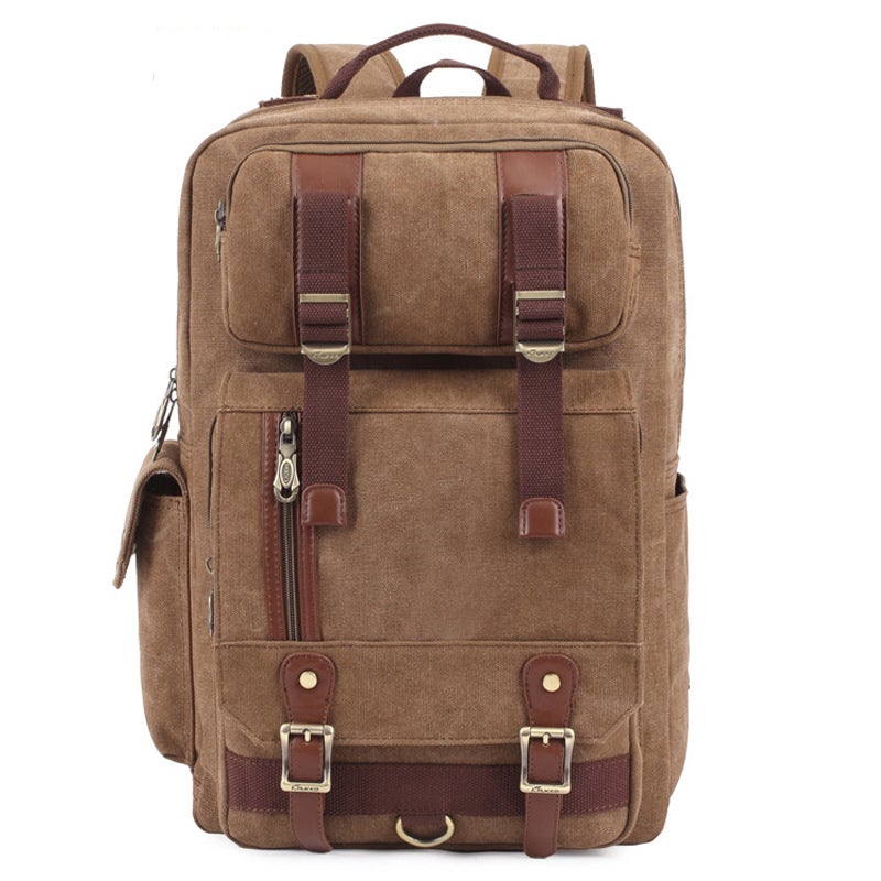 Men's canvas travel backpack in a stylish design, featuring multiple pockets and adjustable straps, perfect for all occasions.