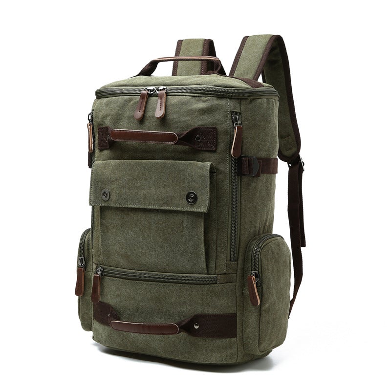 Men's vintage canvas backpack with leather accents, showcasing its large capacity and stylish design.