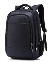 Men's large capacity solid color computer backpack made from waterproof Oxford material, featuring padded straps and spacious compartments.