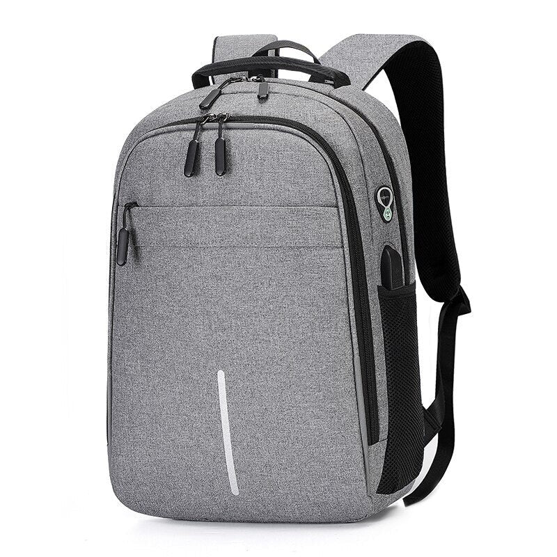 Mens Multifunctional Business Casual Rucksack with USB charging port, showcasing its sleek design and multiple pockets.