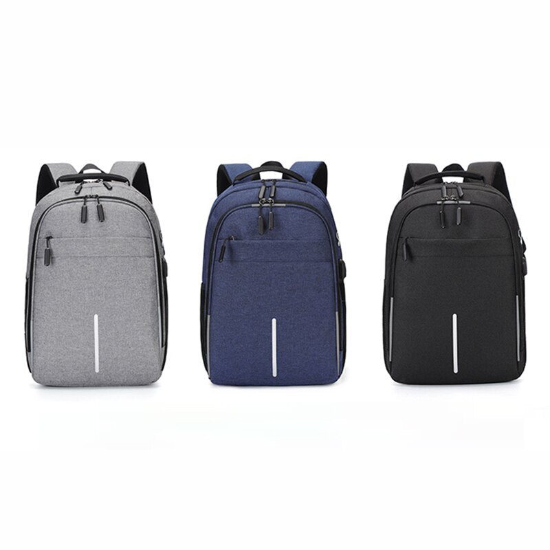 Mens Multifunctional Business Casual Rucksack with USB charging port, showcasing its sleek design and multiple pockets.