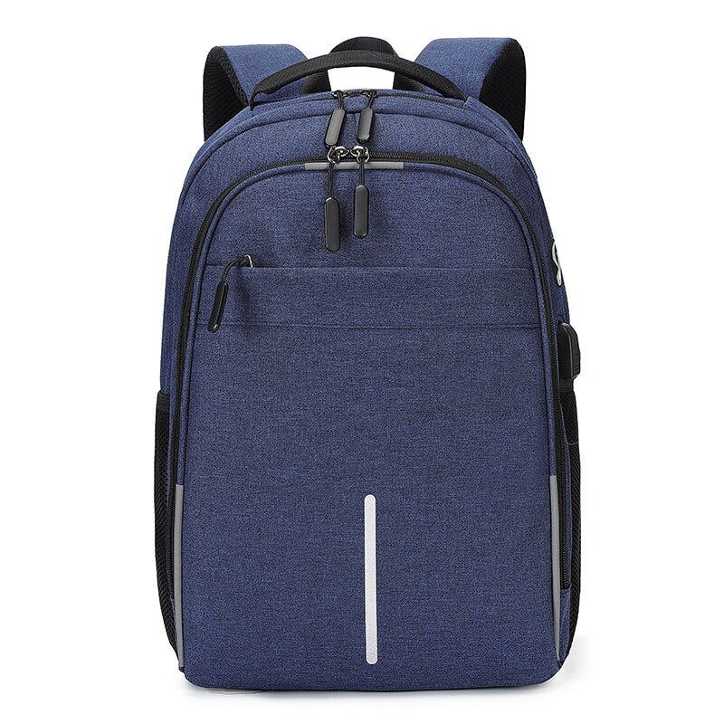 Mens Multifunctional Business Casual Rucksack with USB charging port, showcasing its sleek design and multiple pockets.