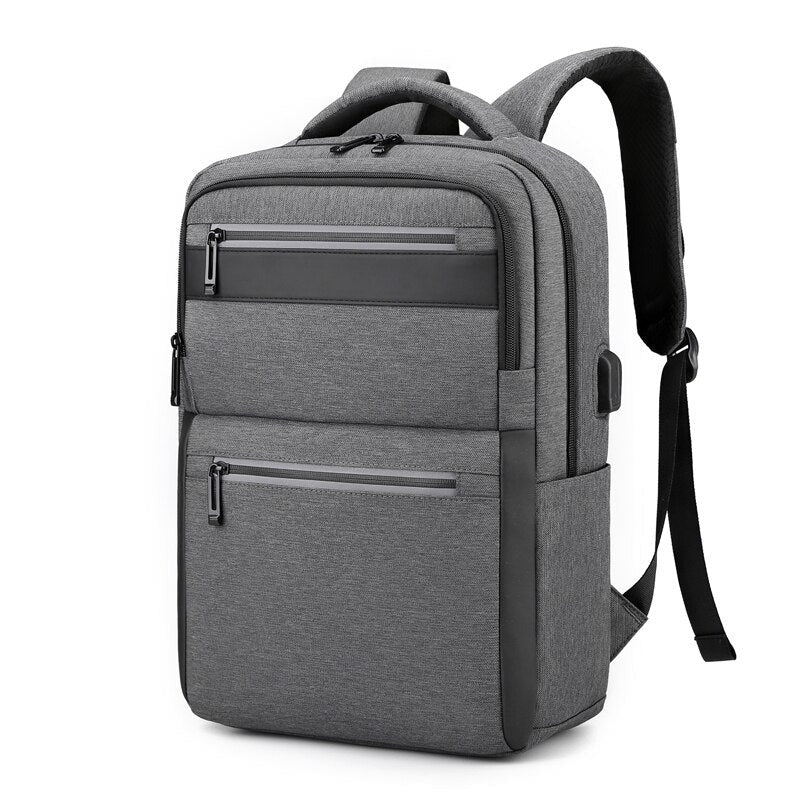 Mens Multifunctional Waterproof Backpack featuring USB charging port, made of durable nylon with multiple pockets and a sleek design.