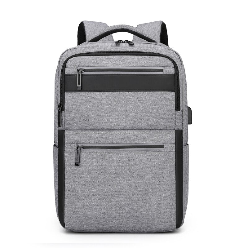 Mens Multifunctional Waterproof Backpack featuring USB charging port, made of durable nylon with multiple pockets and a sleek design.