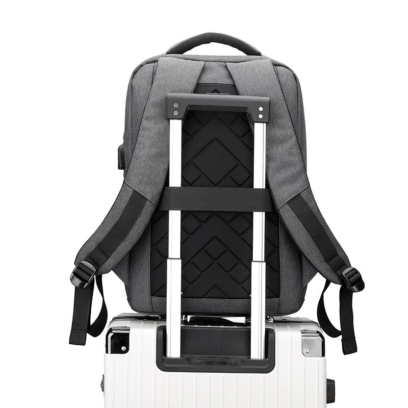 Mens Multifunctional Waterproof Backpack featuring USB charging port, made of durable nylon with multiple pockets and a sleek design.