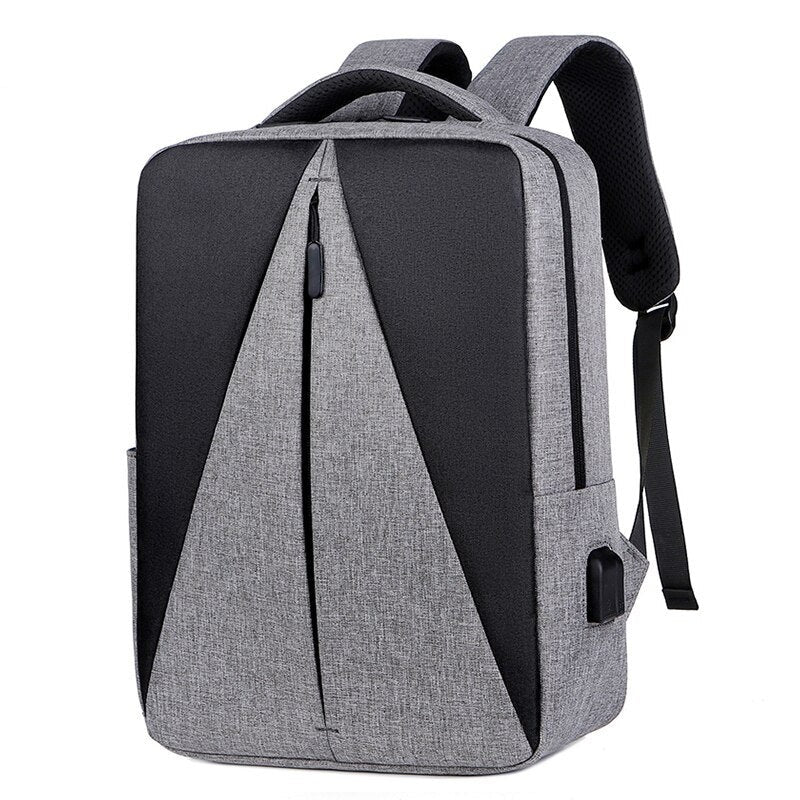 Mens Waterproof Oxford Cloth Backpack featuring USB charging port, multiple pockets, and stylish patchwork design.