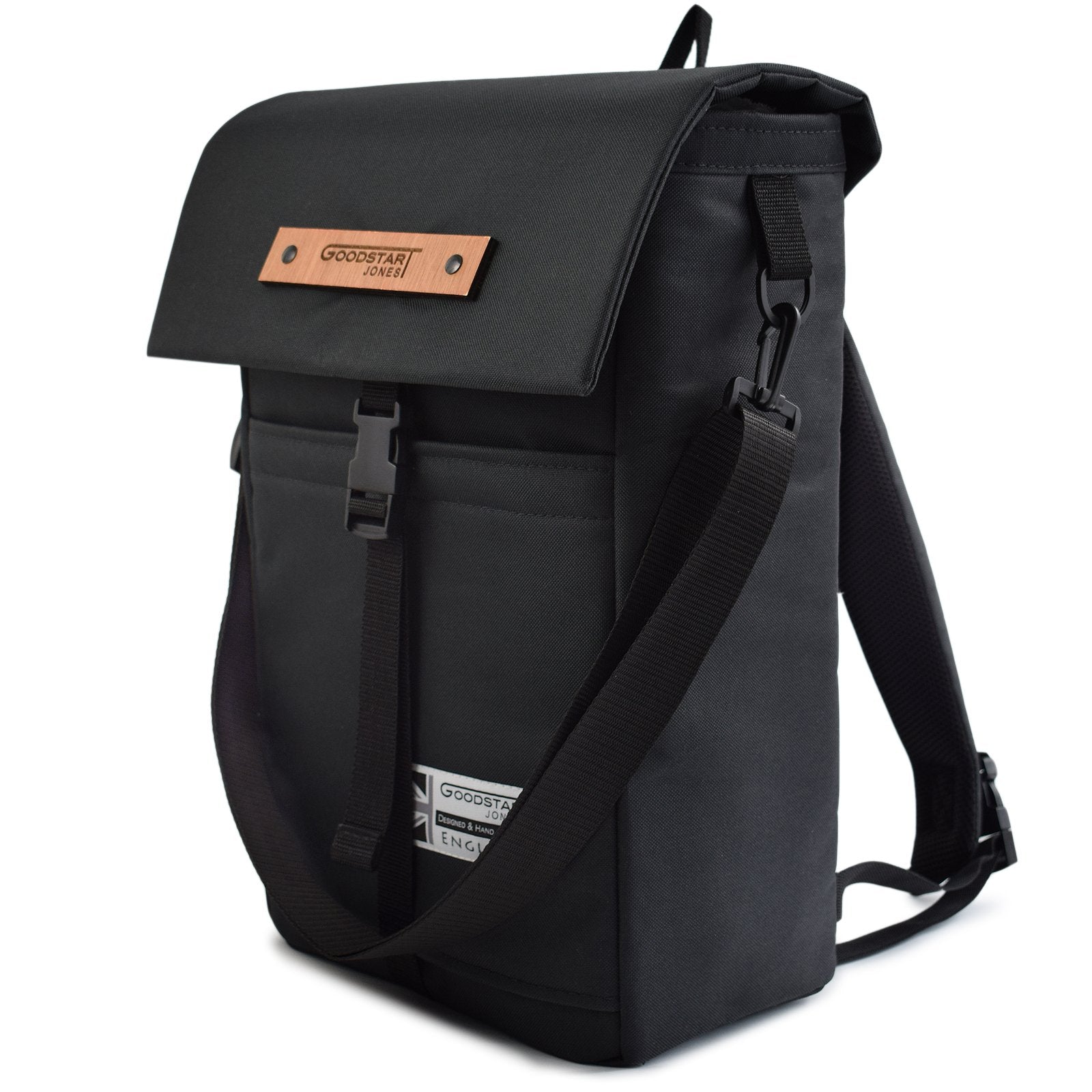 MERCHANT Backpack in black, showcasing its stylish roll-top design and durable construction, perfect for daily use.