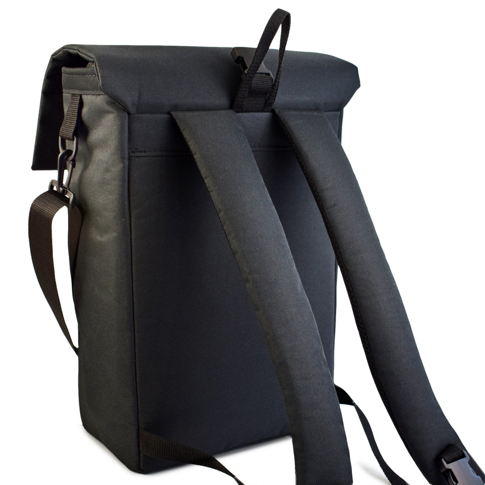 MERCHANT Backpack in black, showcasing its stylish roll-top design and durable construction, perfect for daily use.