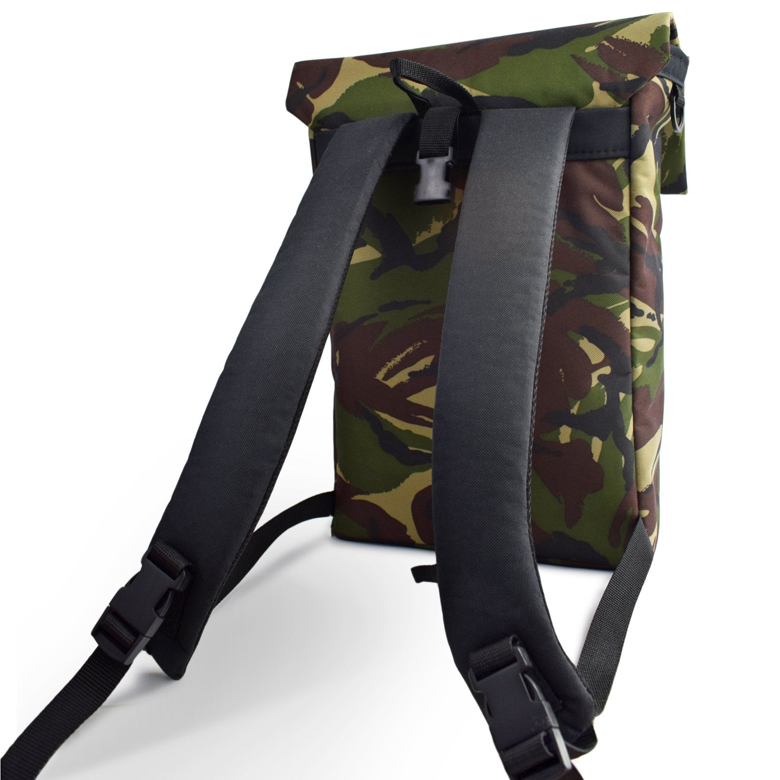 MERCHANT Backpack in CAMO featuring a stylish roll-top design, durable fabric, and multiple compartments for organization.