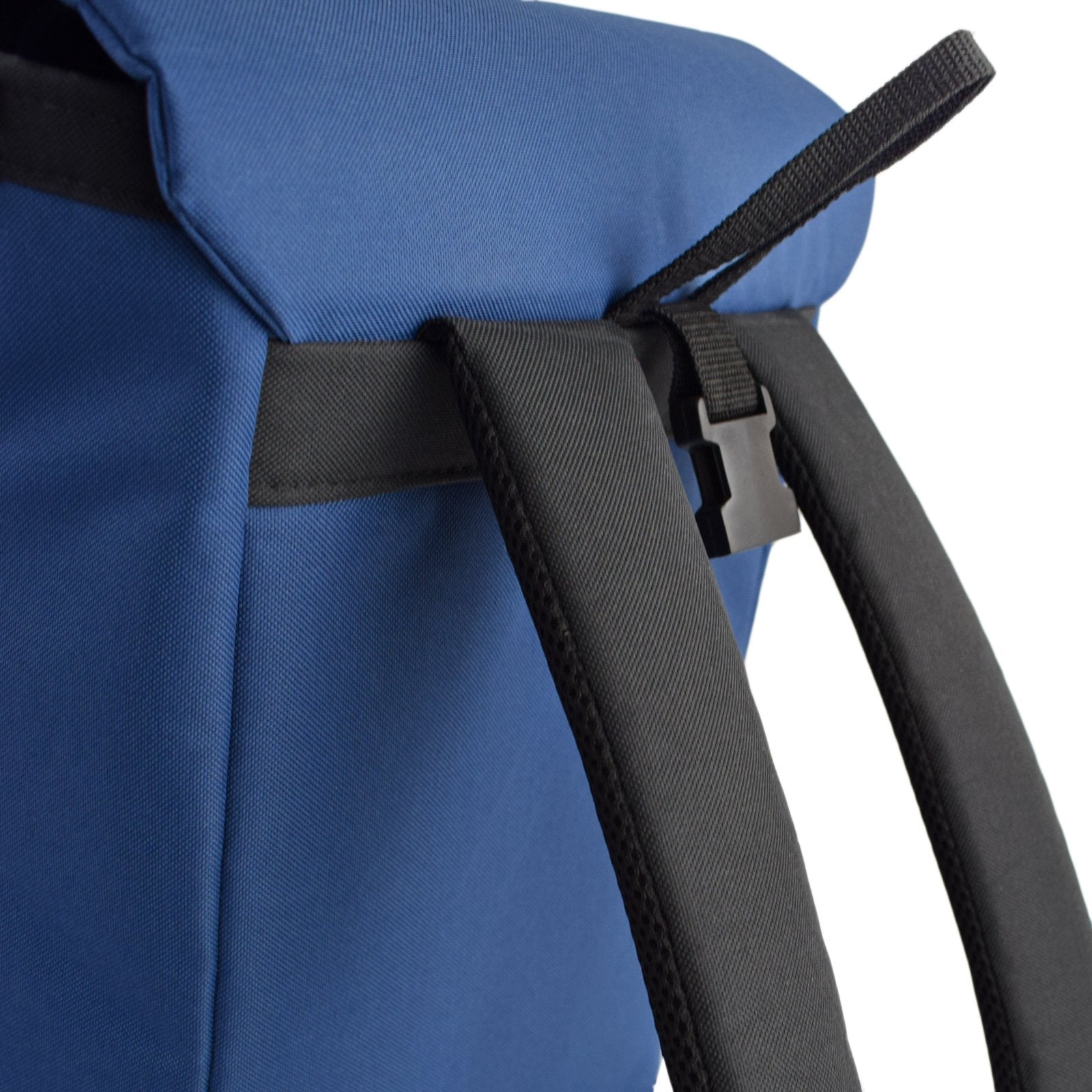 MERCHANT Backpack in Navy Blue showcasing its roll-top design and stylish appearance.