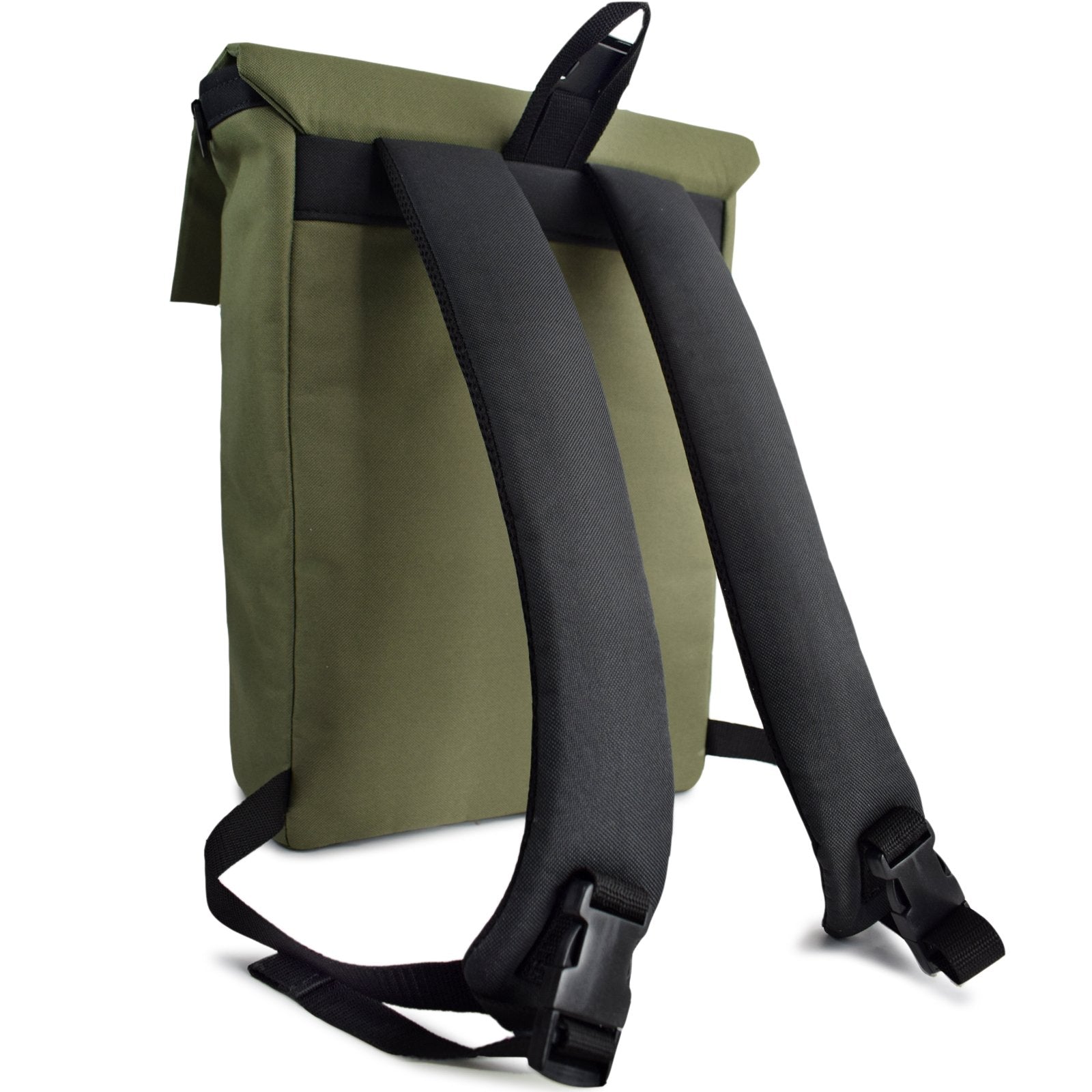 MERCHANT Backpack in Olive Green, showcasing its stylish roll-top design and durable materials.