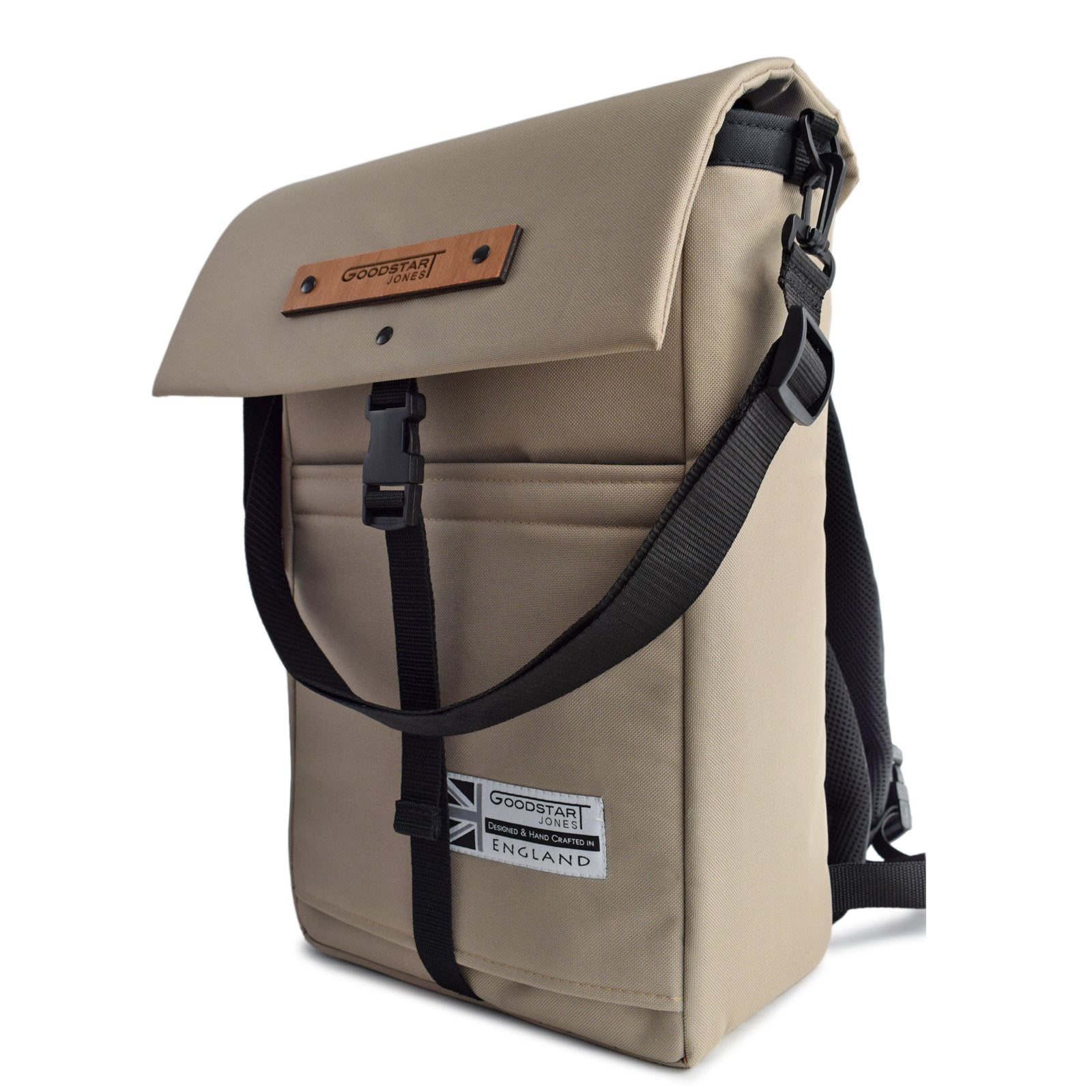 MERCHANT Backpack in Sand showcasing its stylish roll-top design and durable materials, perfect for daily use.