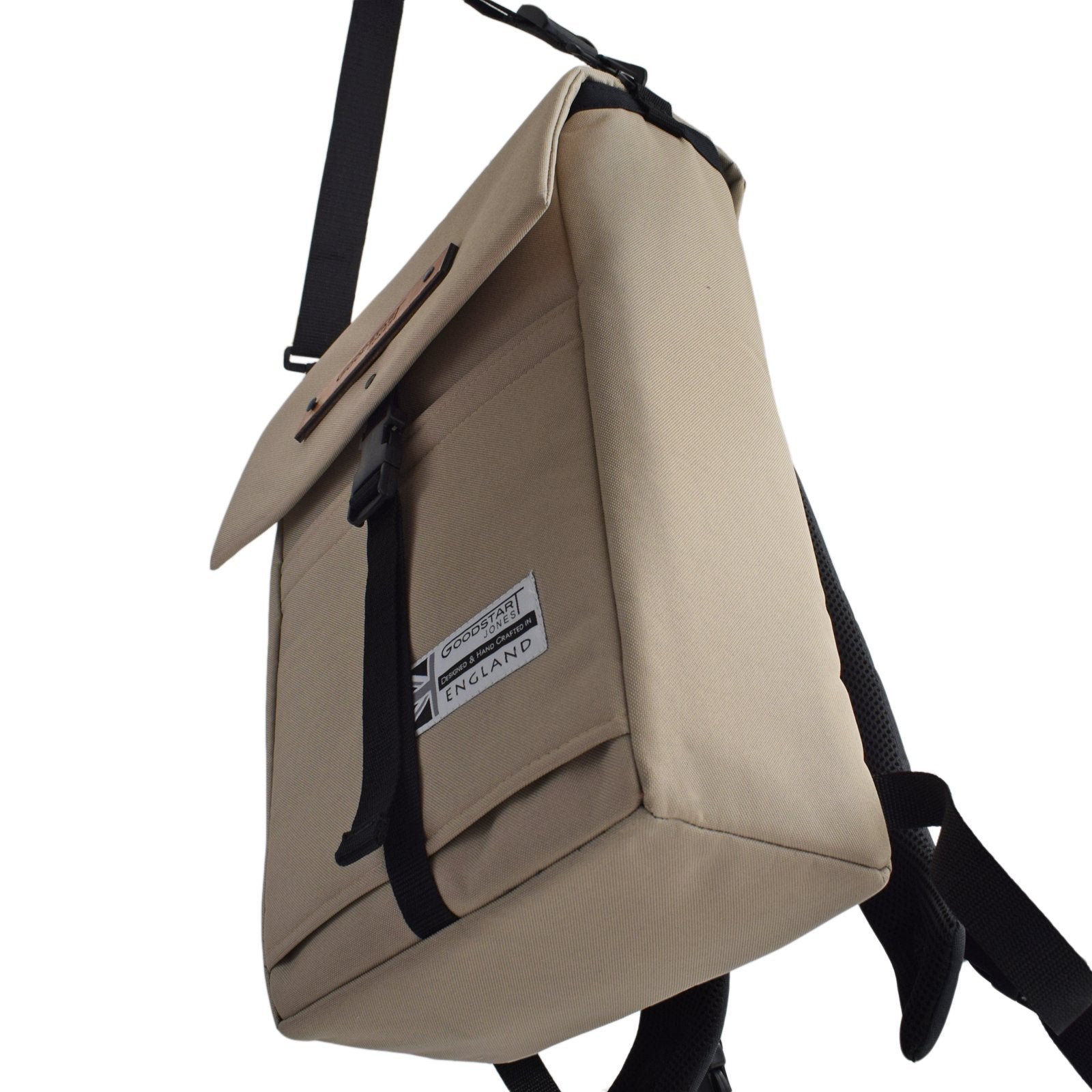 MERCHANT Backpack in Sand showcasing its stylish roll-top design and durable materials, perfect for daily use.