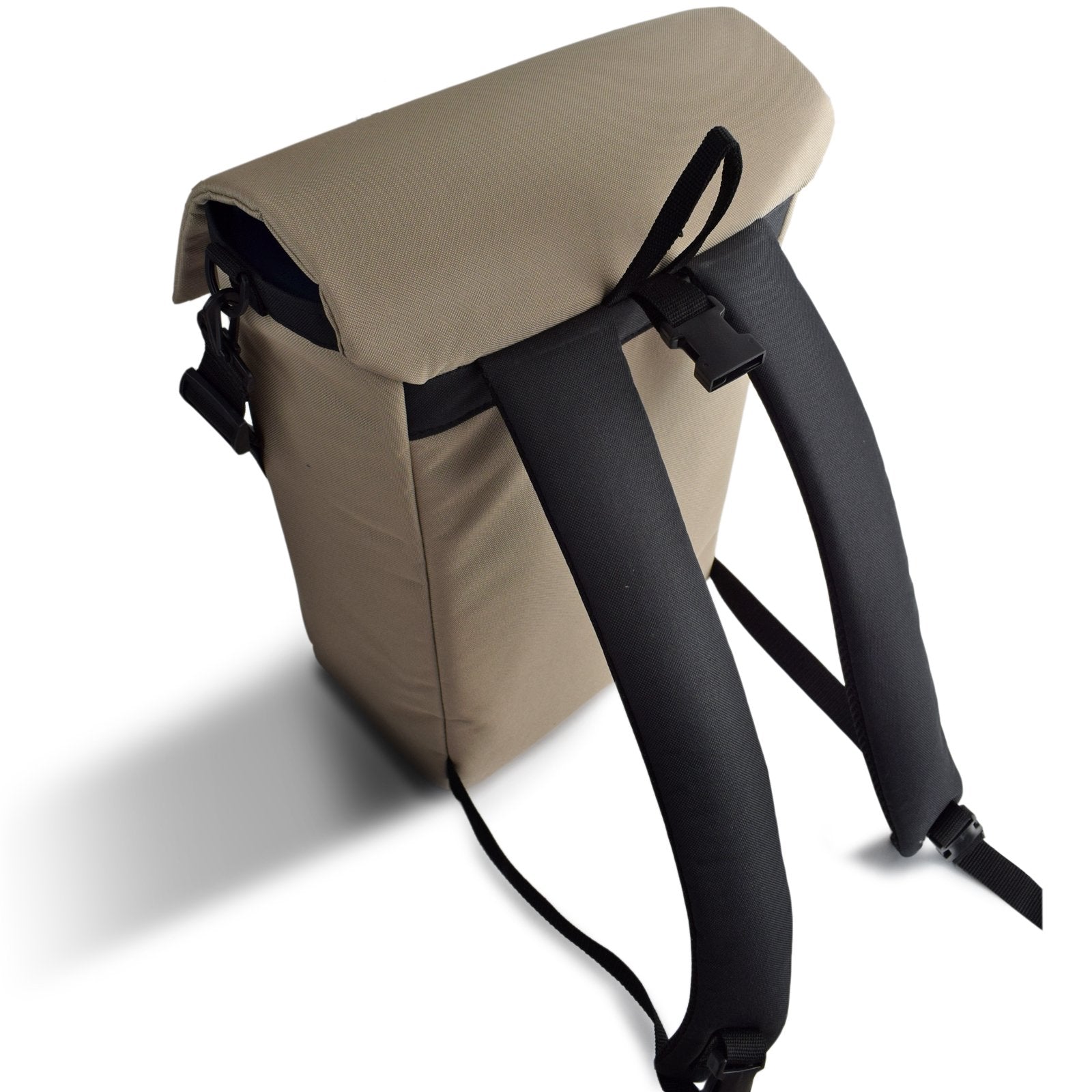 MERCHANT Backpack in Sand showcasing its stylish roll-top design and durable materials, perfect for daily use.