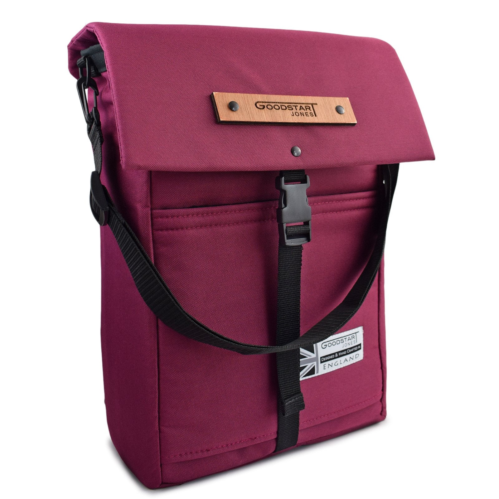 MERCHANT Backpack in Wine Red showcasing its stylish roll-top design and durable materials.