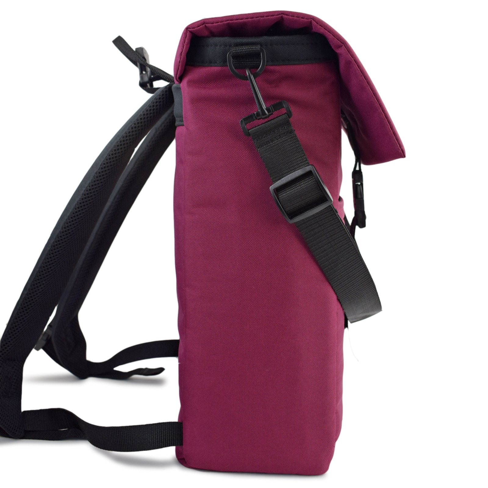 MERCHANT Backpack in Wine Red showcasing its stylish roll-top design and durable materials.