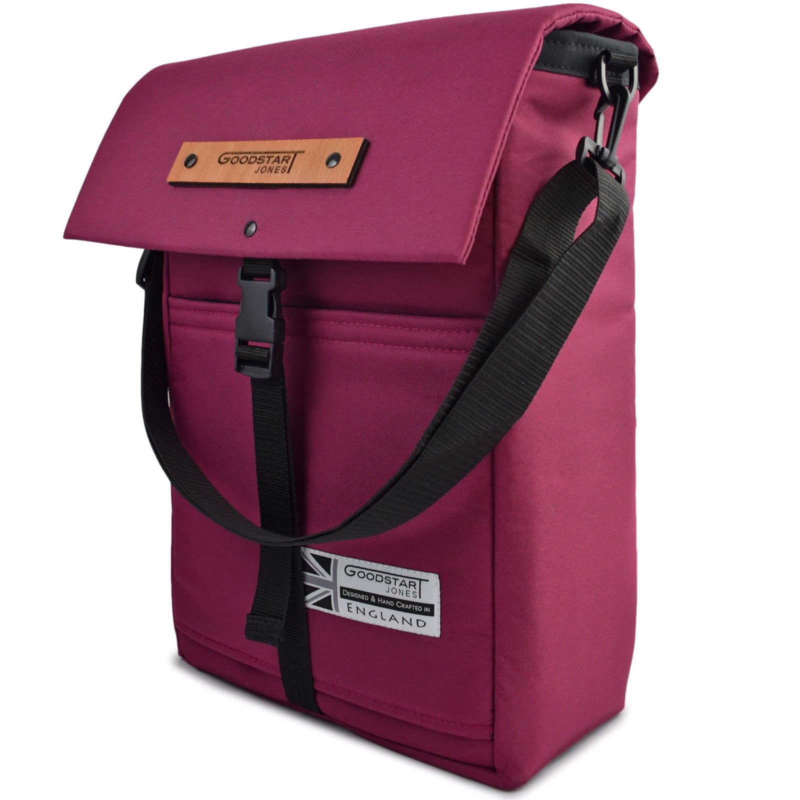 MERCHANT Backpack in Wine Red showcasing its stylish roll-top design and durable materials.