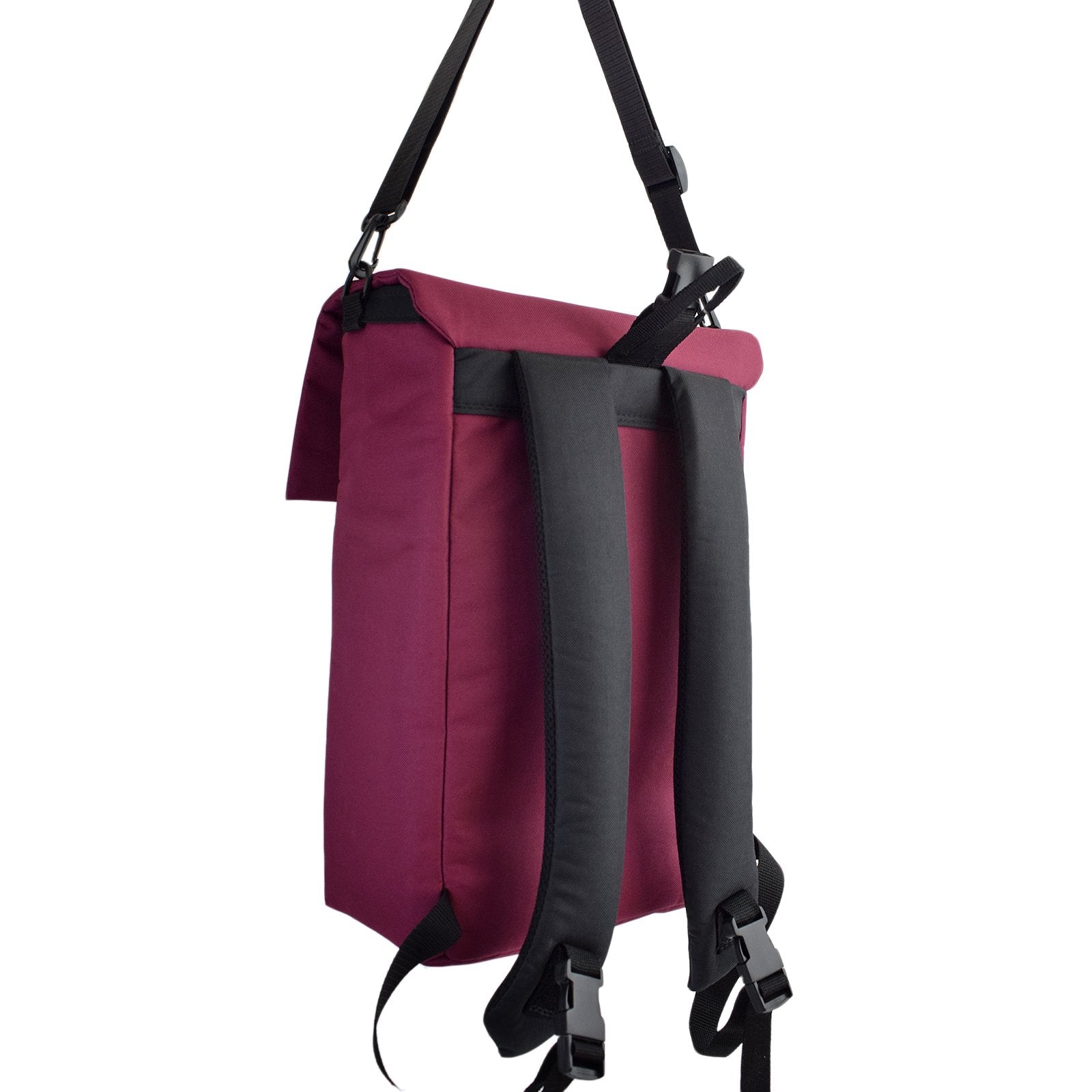 MERCHANT Backpack in Wine Red showcasing its stylish roll-top design and durable materials.