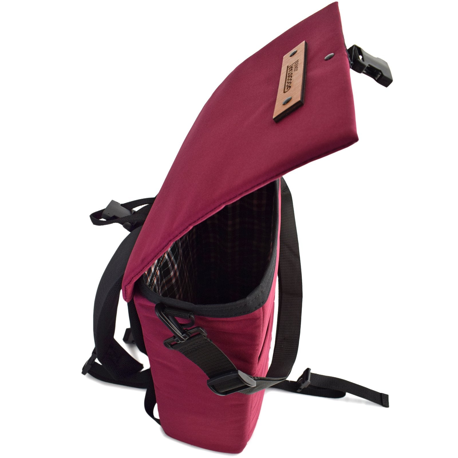 MERCHANT Backpack in Wine Red showcasing its stylish roll-top design and durable materials.