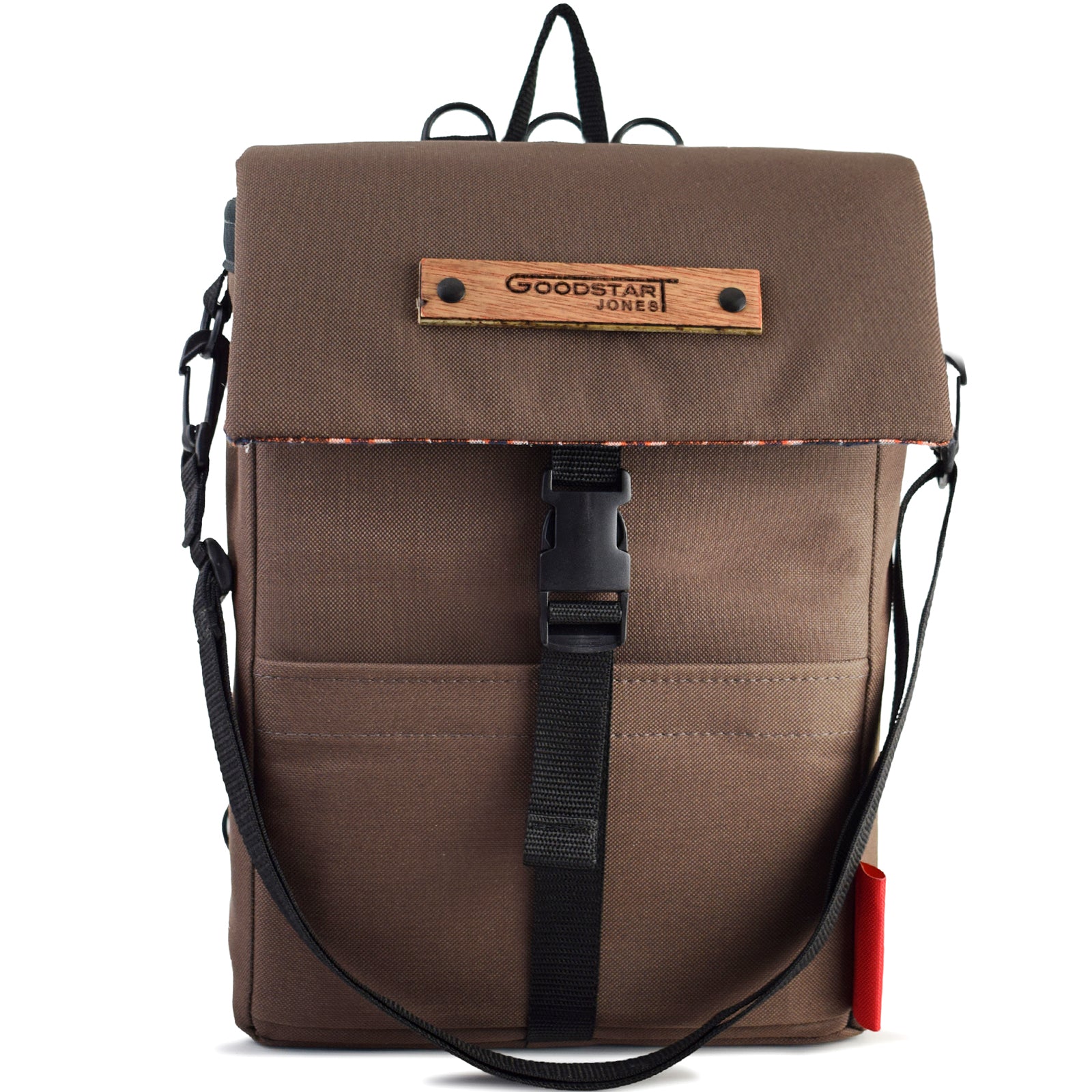 Mini Merchant Backpack in brown, showcasing its stylish design and multifunctional features as a backpack and crossbody bag.