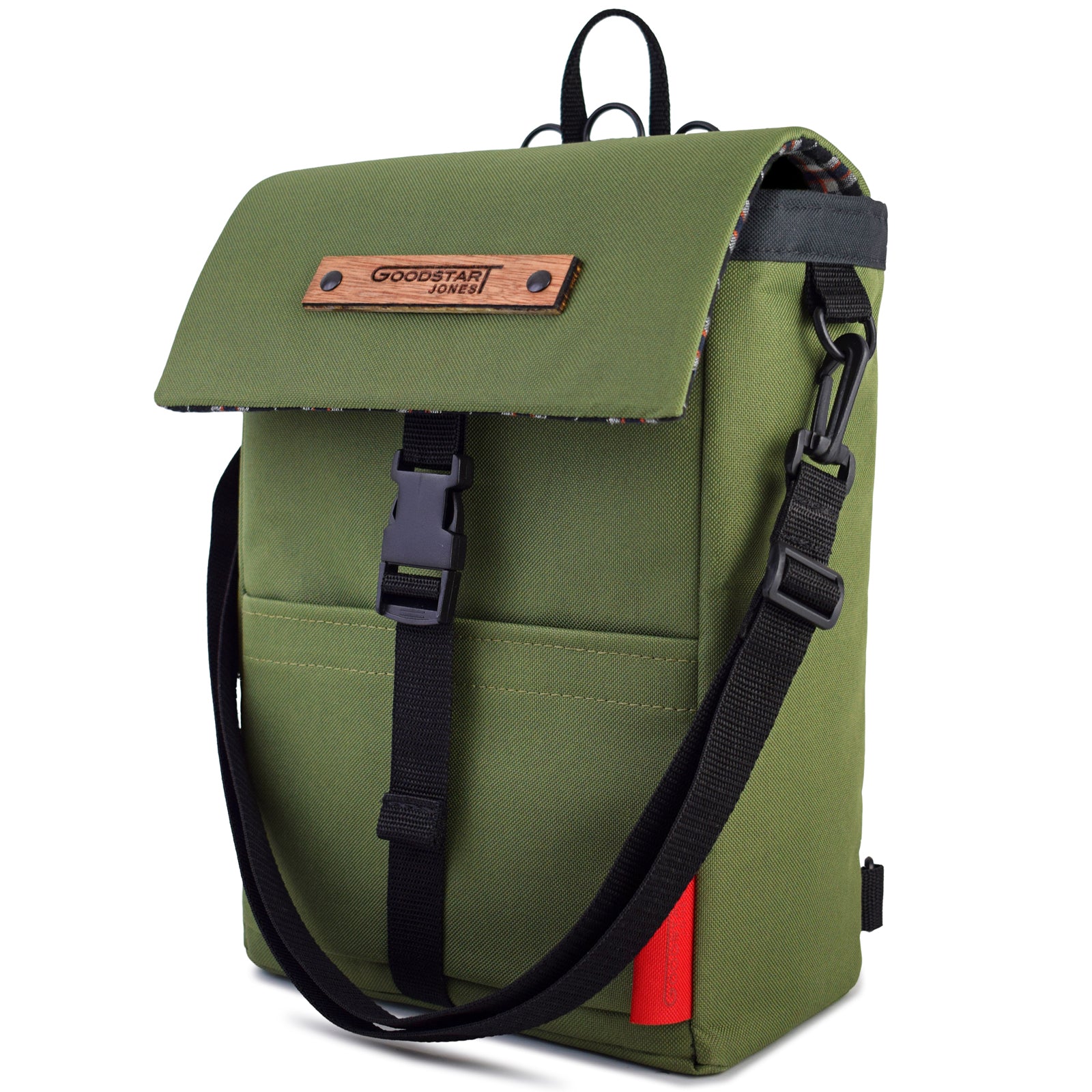 Mini Merchant Backpack in Olive Green, showcasing its multifunctional design and stylish appearance.