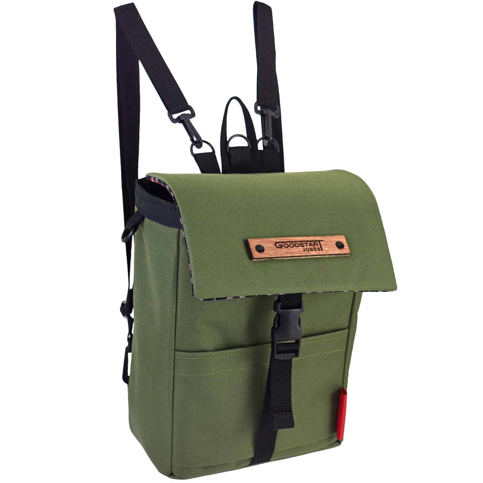 Mini Merchant Backpack in Olive Green, showcasing its multifunctional design and stylish appearance.