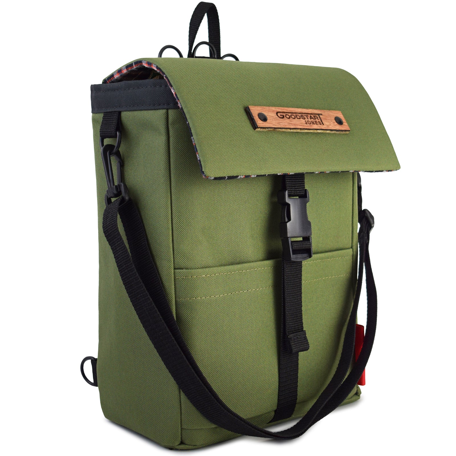 Mini Merchant Backpack in Olive Green, showcasing its multifunctional design and stylish appearance.