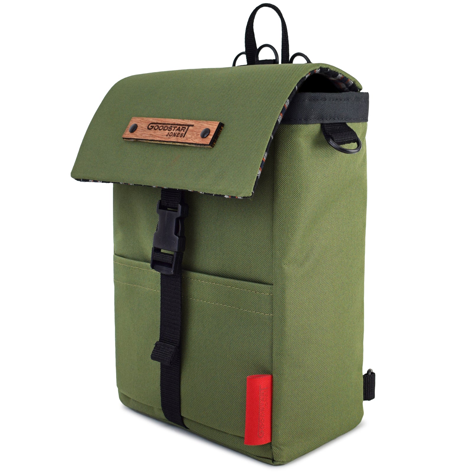 Mini Merchant Backpack in Olive Green, showcasing its multifunctional design and stylish appearance.