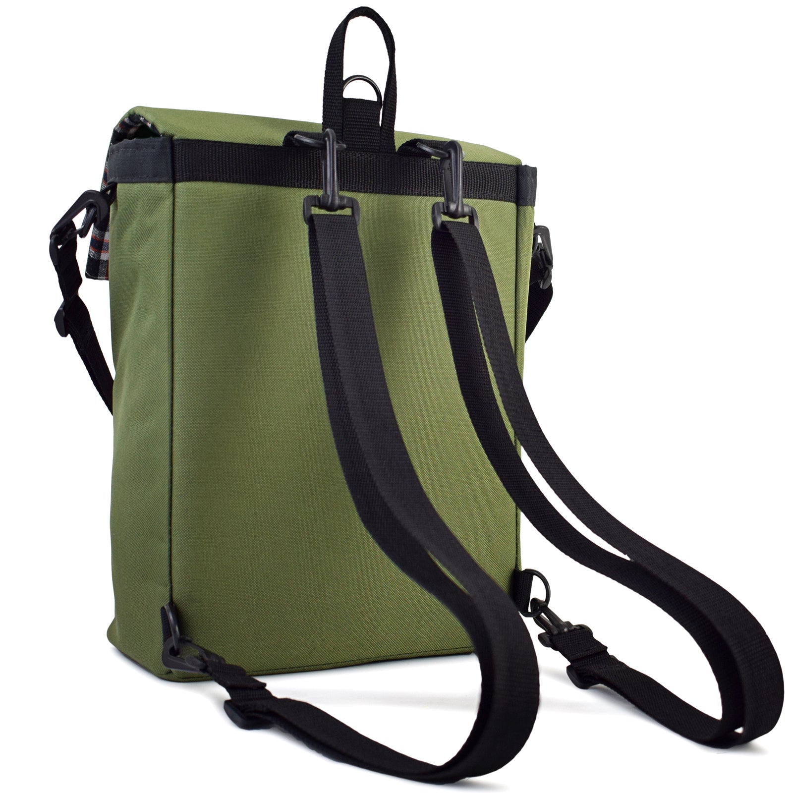 Mini Merchant Backpack in Olive Green, showcasing its multifunctional design and stylish appearance.