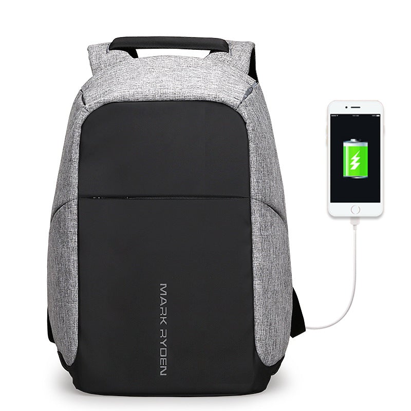 Multifunctional leisure backpack featuring a USB charging port, made of durable Oxford cloth, with multiple pockets and a sleek design.