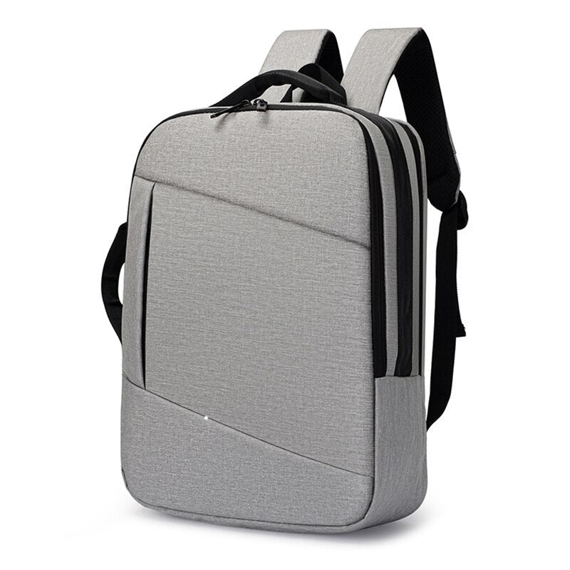 Multifunctional Men's Backpack in black polyester with S-shaped shoulder straps and multiple pockets.