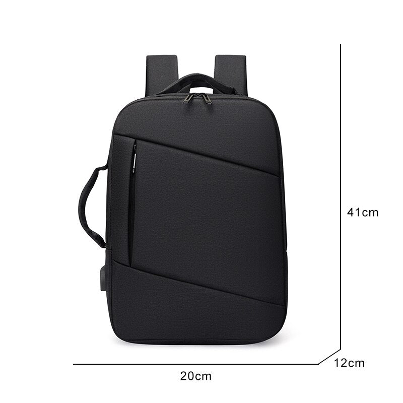 Multifunctional Men's Backpack in black polyester with S-shaped shoulder straps and multiple pockets.