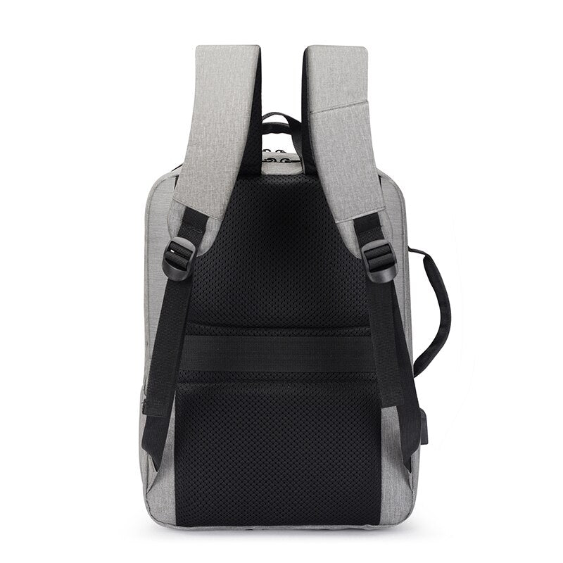 Multifunctional Men's Backpack in black polyester with S-shaped shoulder straps and multiple pockets.