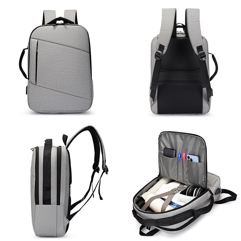 Multifunctional Men's Backpack in black polyester with S-shaped shoulder straps and multiple pockets.