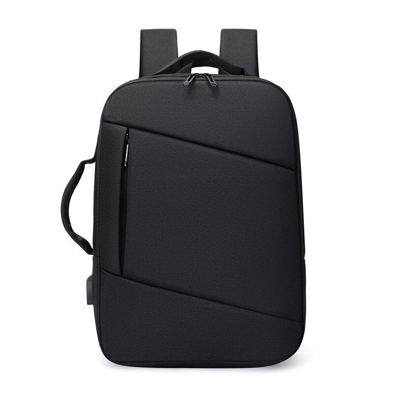 Multifunctional Men's Backpack in black polyester with S-shaped shoulder straps and multiple pockets.