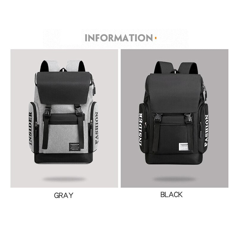 Multifunctional men's backpack in solid black, featuring multiple pockets and a sleek design, ideal for travel and laptop storage.