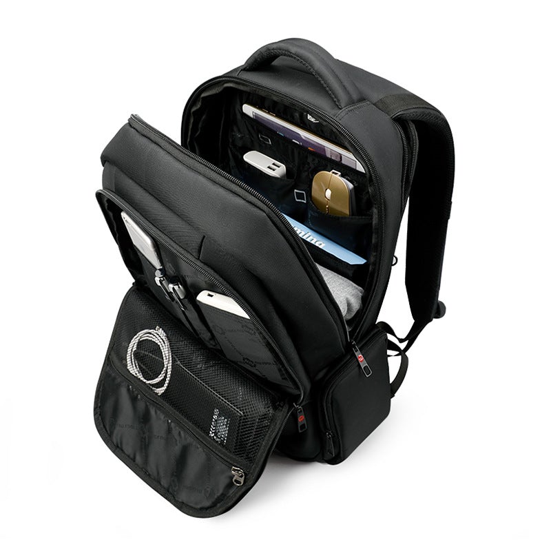 Multifunctional Men's High Quality Laptop Backpack in black nylon, featuring multiple pockets and a sleek design.