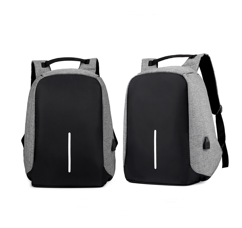 Multi-Functional Water Resistant USB Laptop Backpack in black canvas with multiple compartments and USB charging interface.