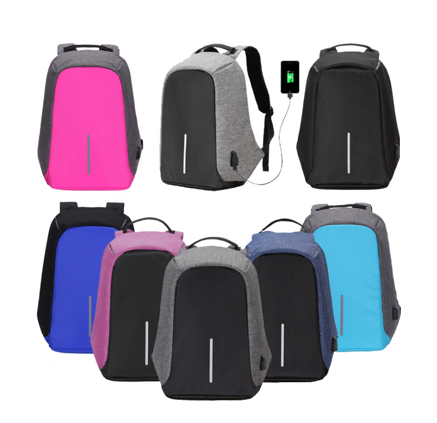 Multi-Functional Water Resistant USB Laptop Backpack in black canvas with multiple compartments and USB charging interface.