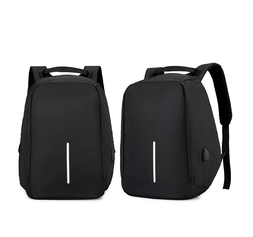 Multi-Functional Water Resistant USB Laptop Backpack in black canvas with multiple compartments and USB charging interface.