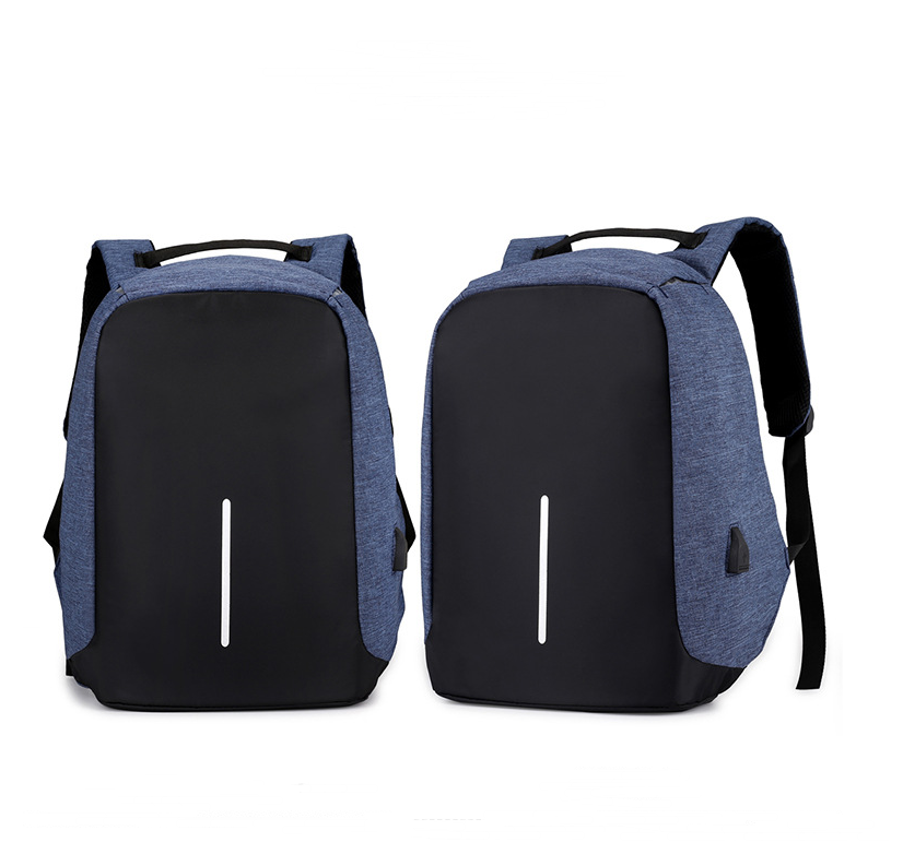 Multi-Functional Water Resistant USB Laptop Backpack in black canvas with multiple compartments and USB charging interface.