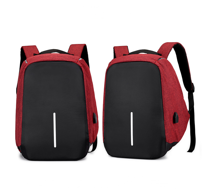 Multi-Functional Water Resistant USB Laptop Backpack in black canvas with multiple compartments and USB charging interface.