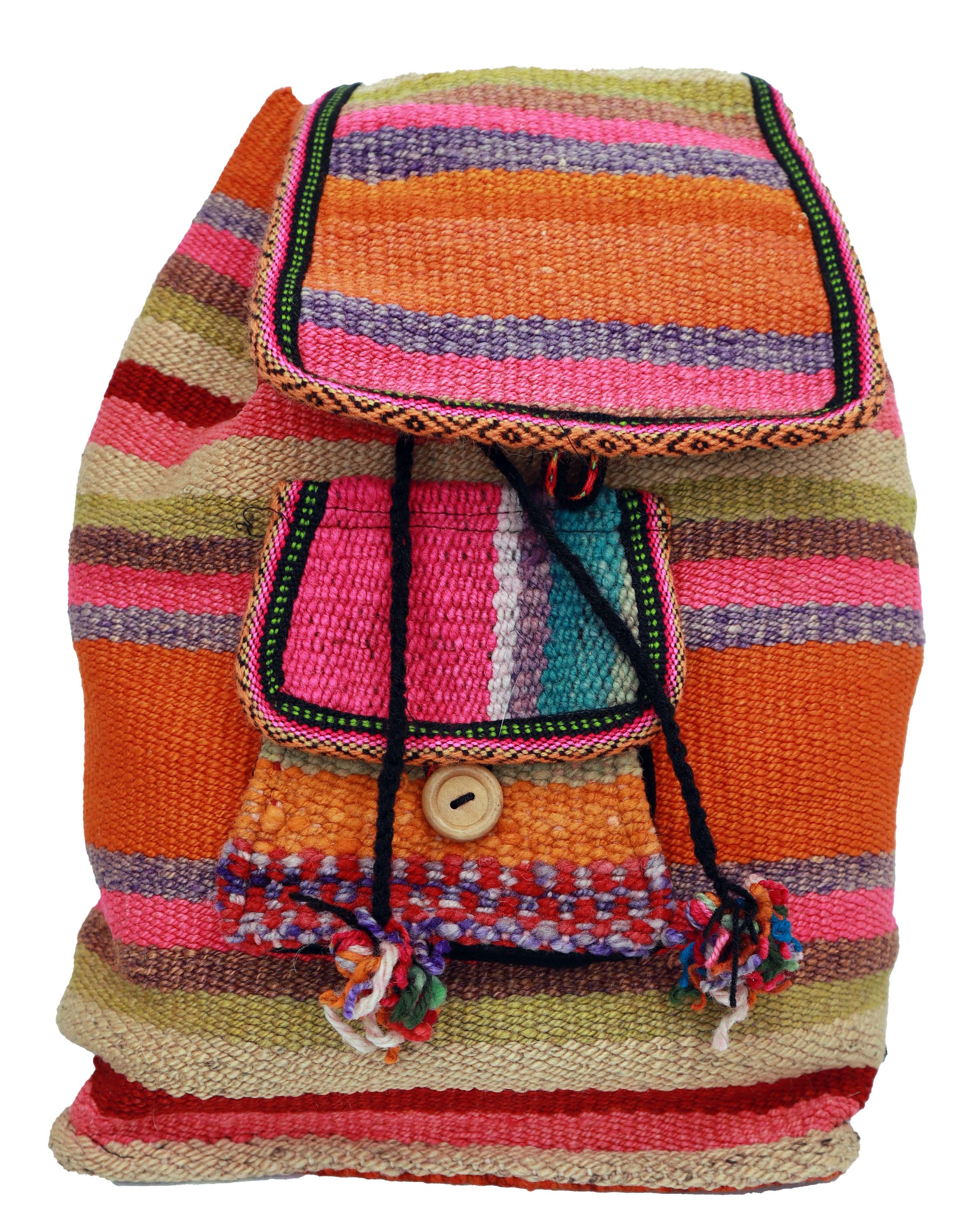 A vibrant boho-style backpack featuring a tiger orange and jungle green design, handwoven with cotton and alpaca wool, showcasing intricate patterns.