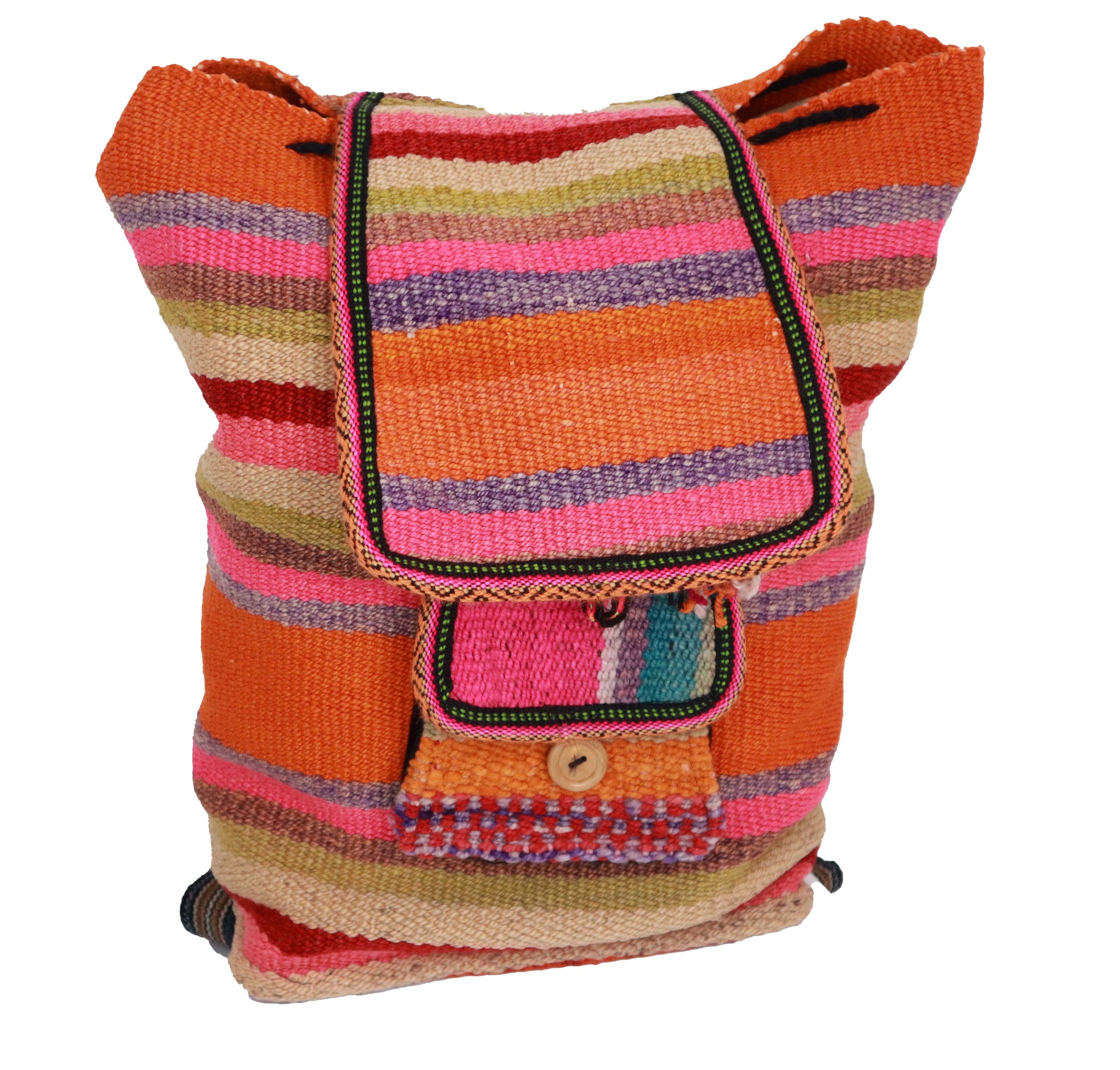 A vibrant boho-style backpack featuring a tiger orange and jungle green design, handwoven with cotton and alpaca wool, showcasing intricate patterns.