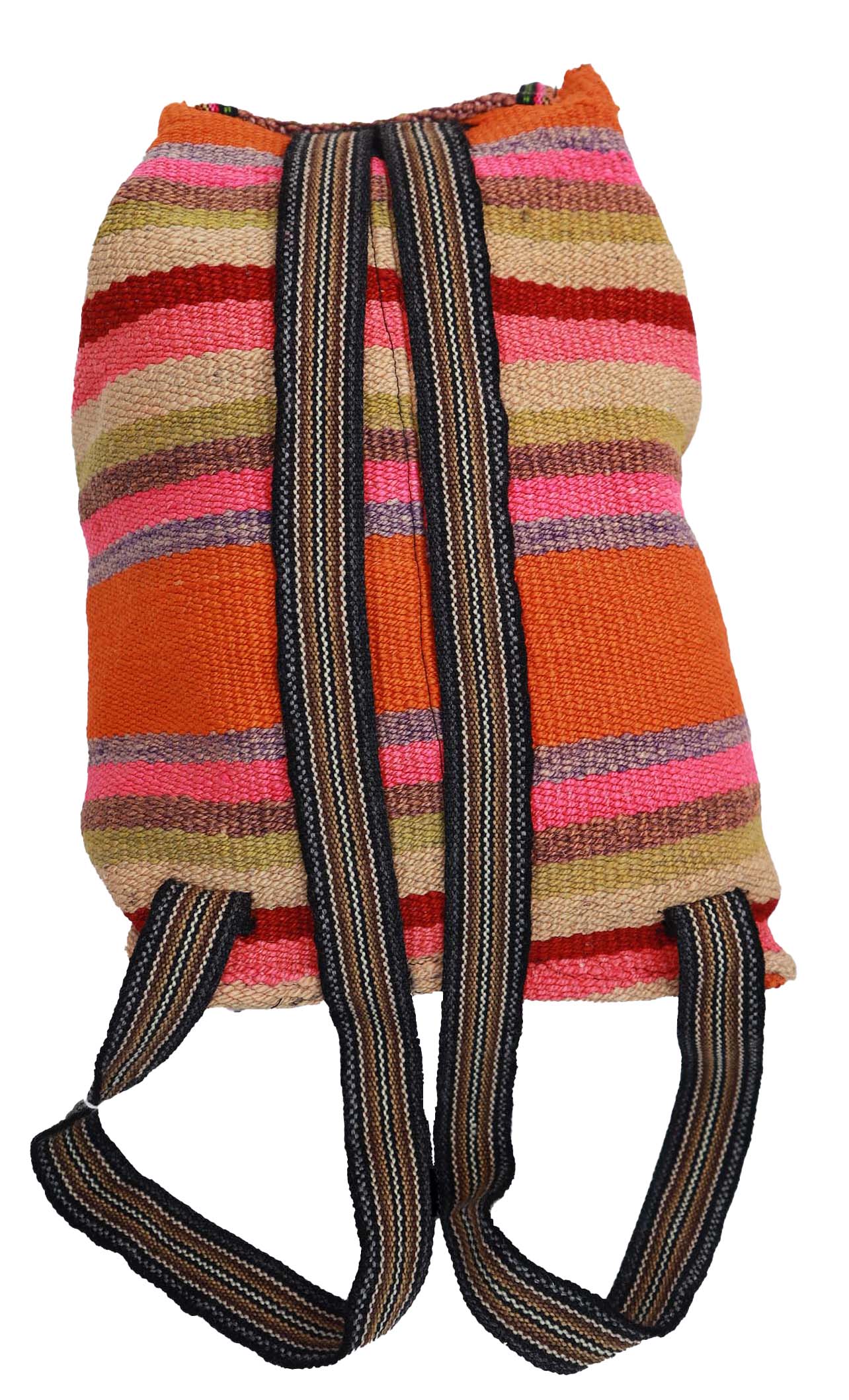 A vibrant boho-style backpack featuring a tiger orange and jungle green design, handwoven with cotton and alpaca wool, showcasing intricate patterns.