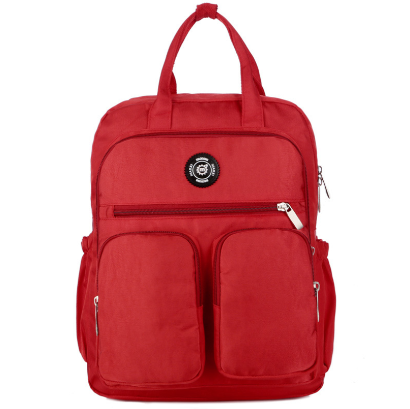 Nylon large capacity multi-function backpack featuring a cute toy bear, showcasing its spacious design and soft straps.